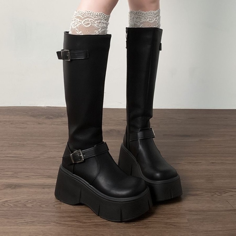 Leather Classic Strap - Klassiekers Zwarte Dameslaarzen Hoogte Toenemende Kniehoge