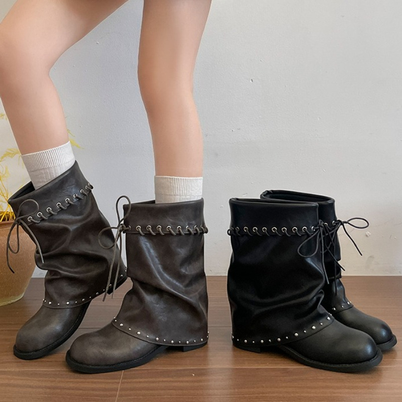 Leather Classic Strap - Dames Slouchy Mid Calf Boots Ronde